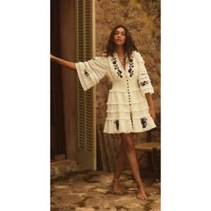 Anthropologie Embroidered V-Neck Ruffled Mini Dress White And Black Size XS..NWT